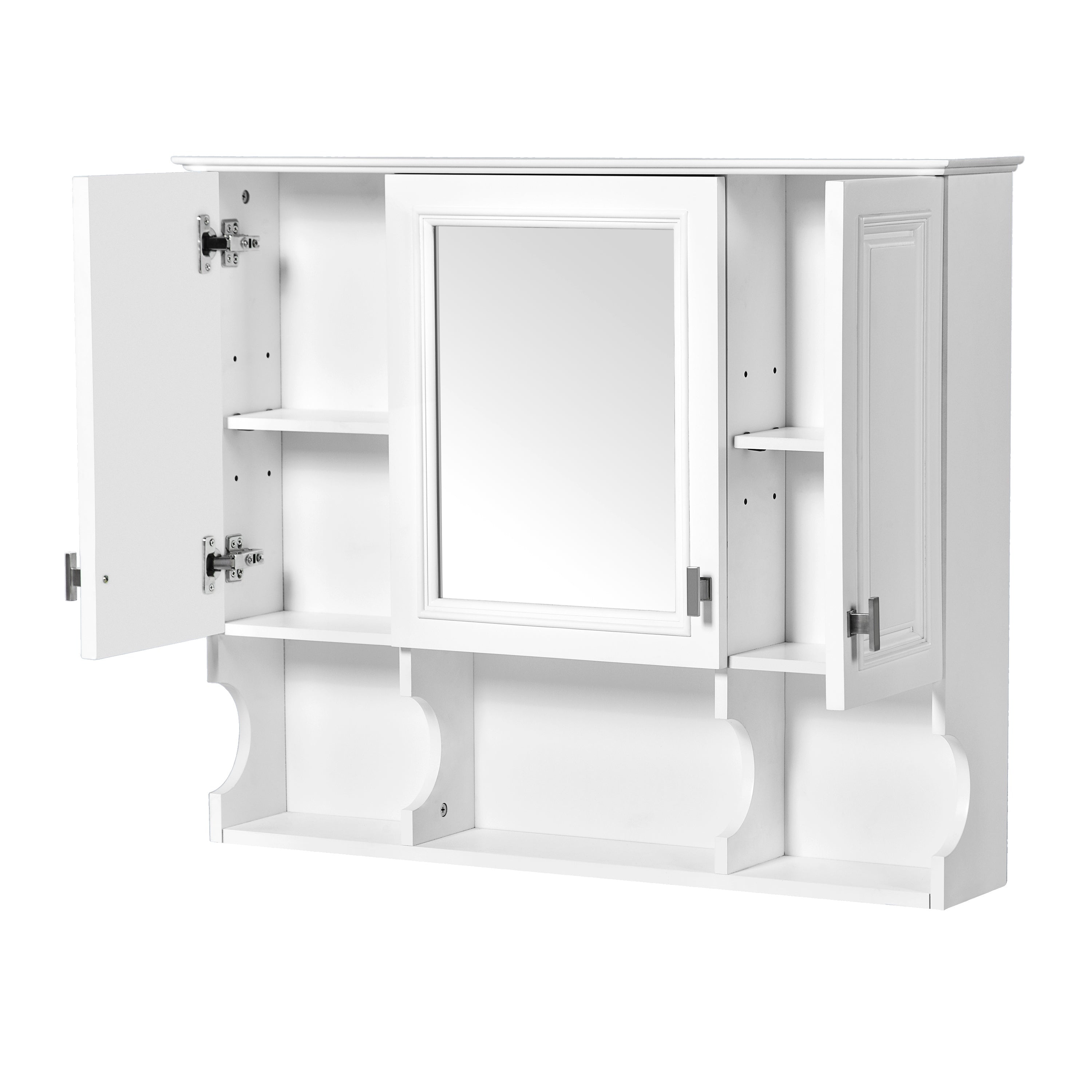 Modern White Wall-Mounted Bathroom Medicine Cabinet with Mirror and Adjustable Shelves, 35'' x 28'' MDF & Rubberwood Construction