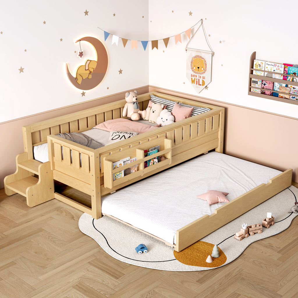 Twin with built-in bookshelves and small staircase, high-quality safety rails, and Trundle,Light Natural