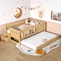 Twin with built-in bookshelves and small staircase, high-quality safety rails, and Trundle,Light Natural