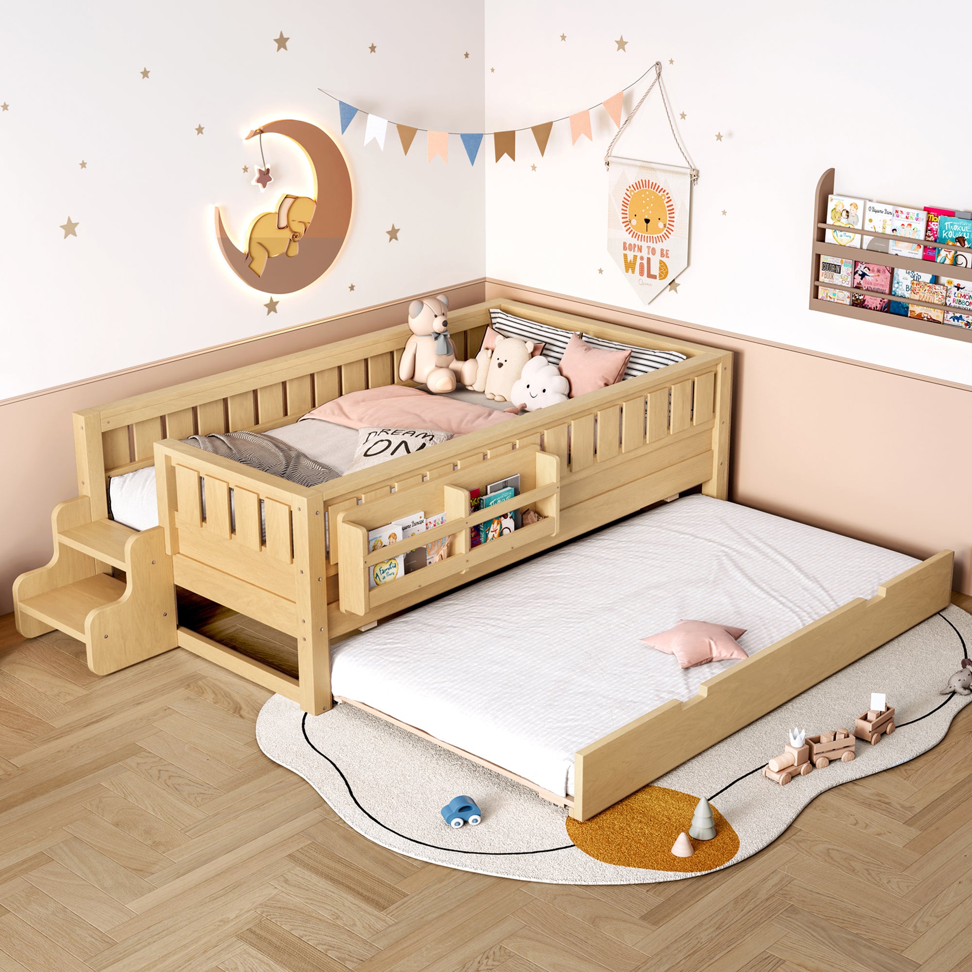 Twin with built-in bookshelves and small staircase, high-quality safety rails, and Trundle,Light Natural