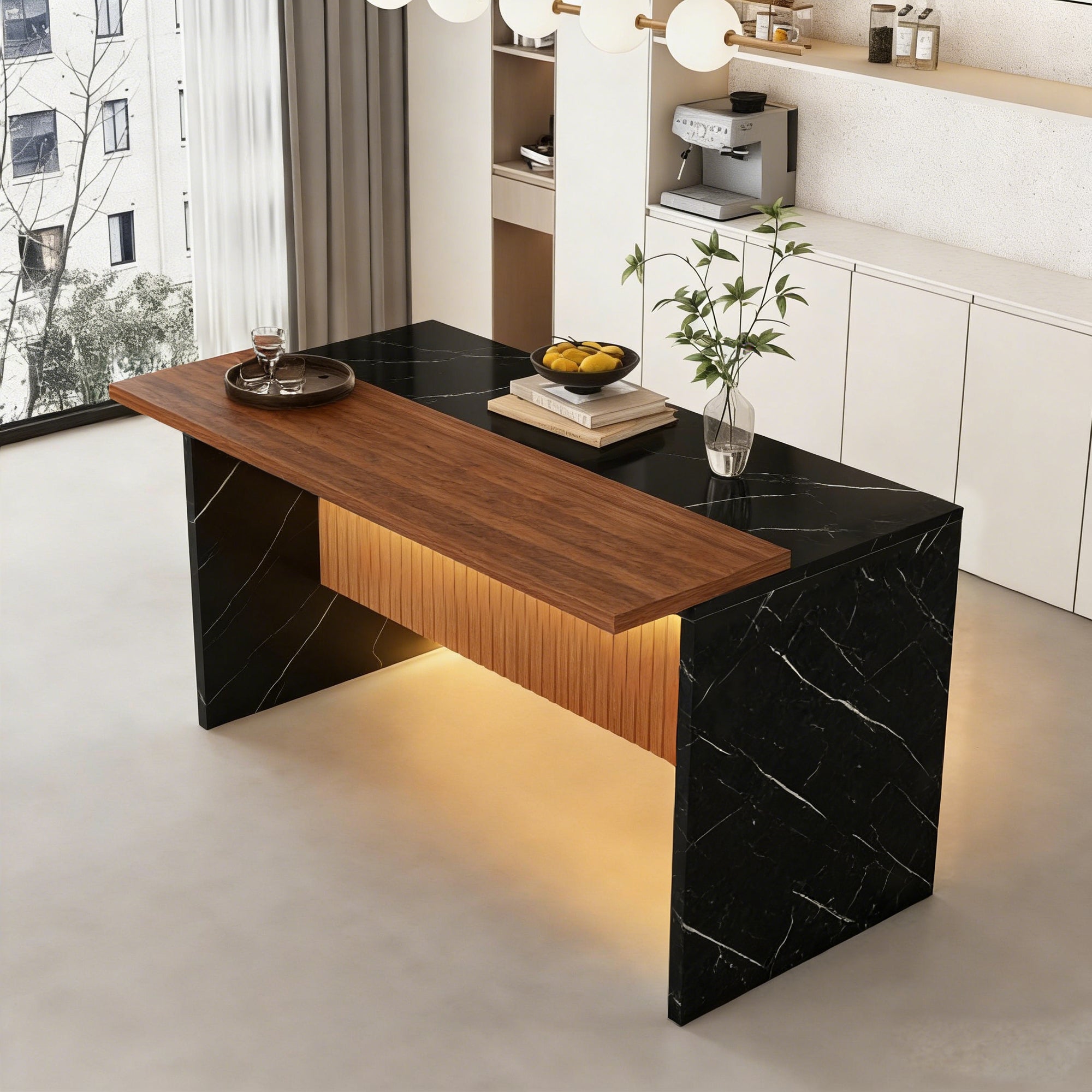 63' Modern Kitchen Island with Marble-Look Surface, LED Lights & Grille Design for Dining Room, Living Room, Black(Island Only)