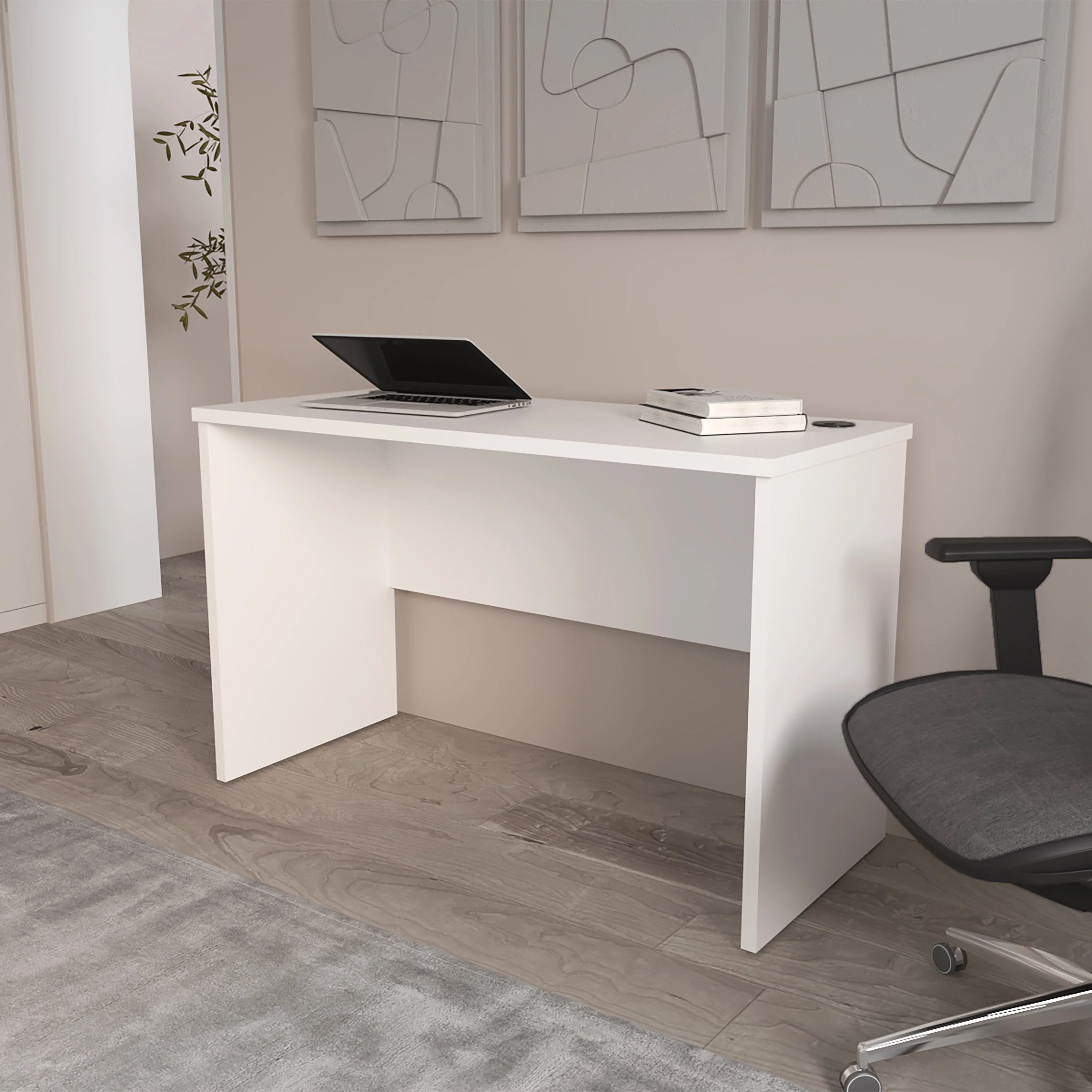 White Minimalist Home Office Work Desk with Cable Management