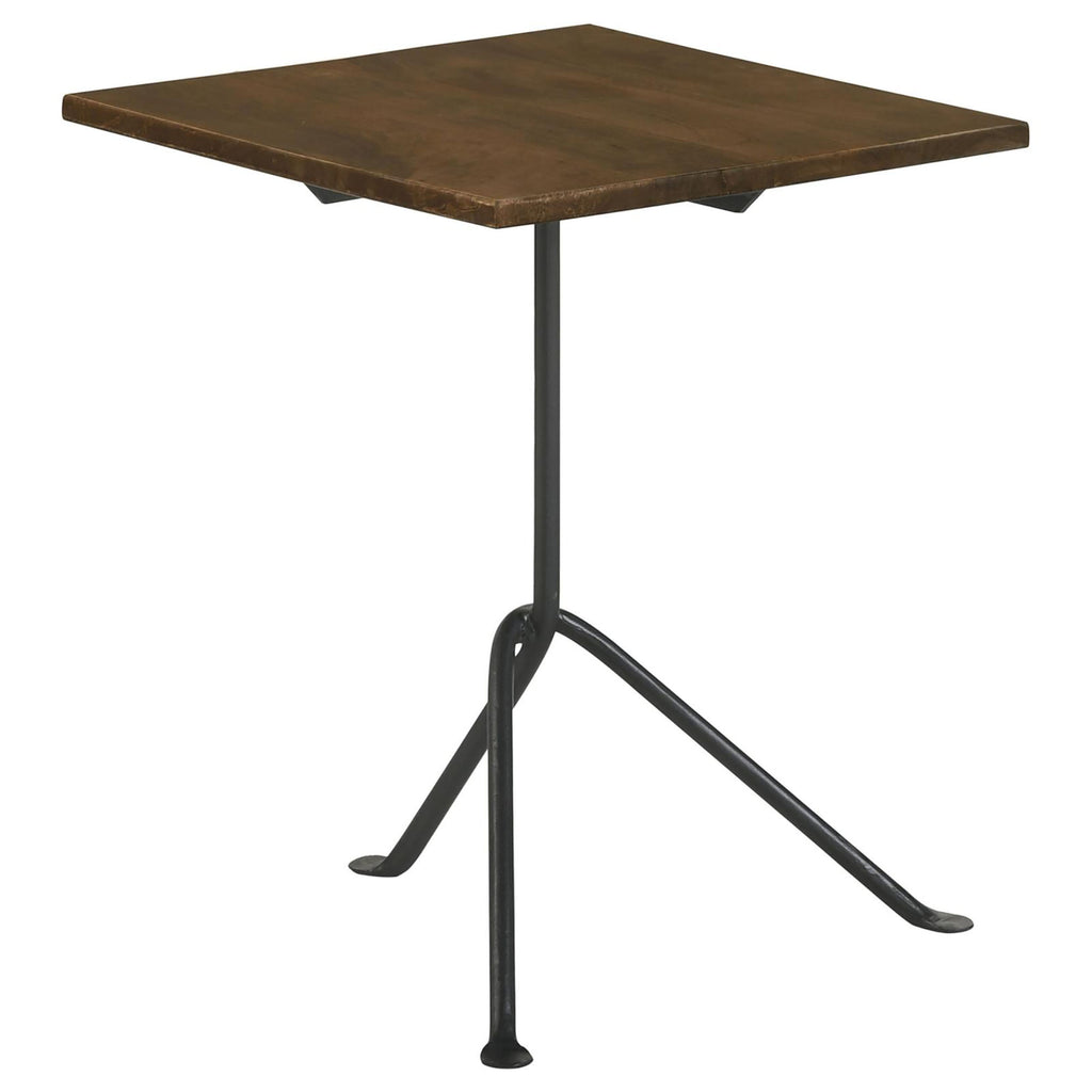 Dark Brown Mango Wood Accent Table with Gunmetal Tripod Legs, 15.75 x 15.75 x 20 inches