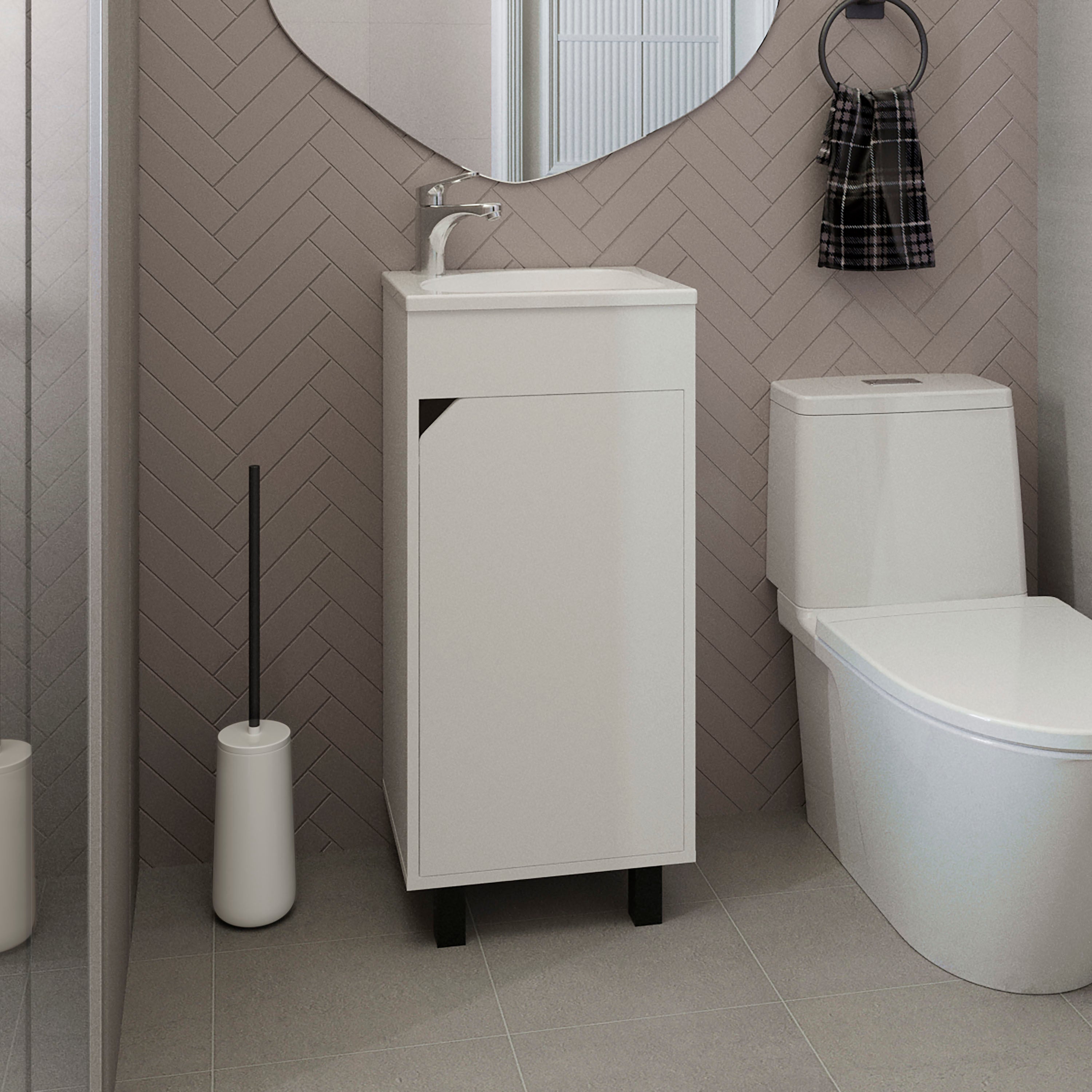 Bethel Wide One-Door Cabinet, Free Standing Vanity With Resin Sink And Two Shelves, Bathroom Storage, White