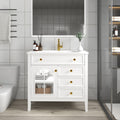 35.6' Mid-Century Bathroom Vanity Sink with Patterned Glass & Motion-sensor Light Strip, Farmhouse Freestanding Bathroom Vanity Sink with Storage, High-end Restroom Vanity Cabinet,White