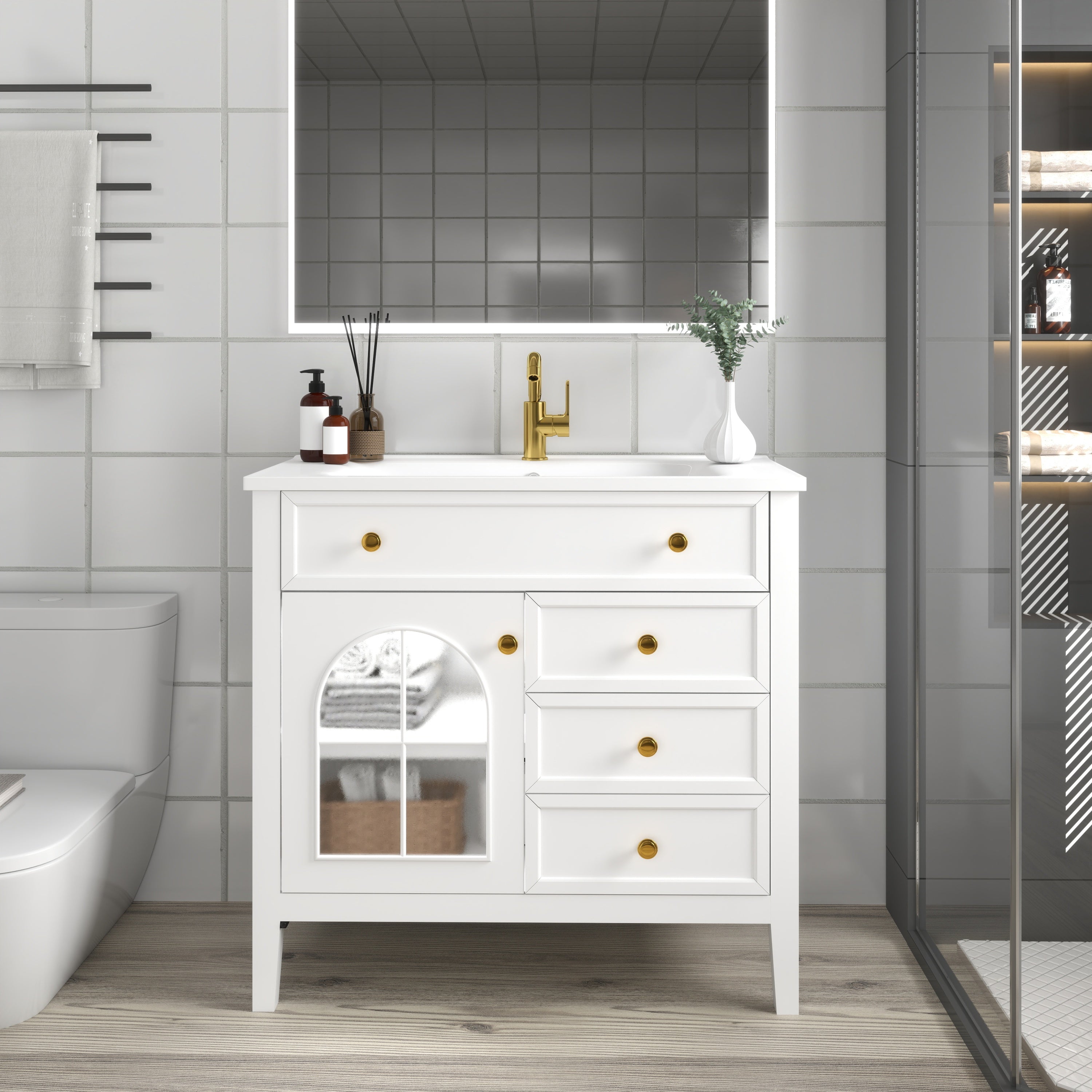 35.6' Mid-Century Bathroom Vanity Sink with Patterned Glass & Motion-sensor Light Strip, Farmhouse Freestanding Bathroom Vanity Sink with Storage, High-end Restroom Vanity Cabinet,White