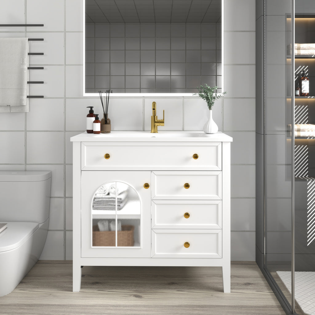 35.6' Mid-Century Bathroom Vanity Sink with Patterned Glass & Motion-sensor Light Strip, Farmhouse Freestanding Bathroom Vanity Sink with Storage, High-end Restroom Vanity Cabinet,White