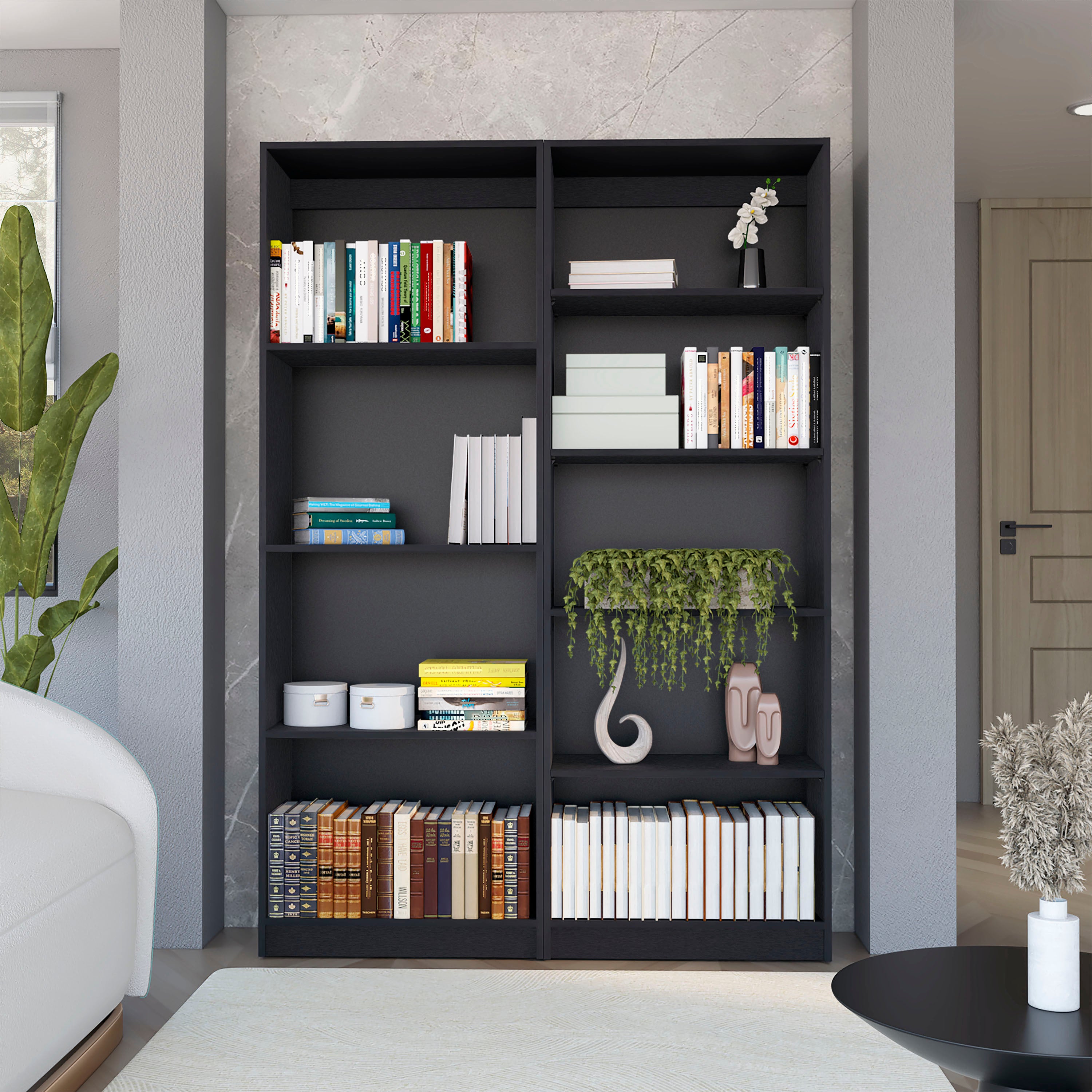 2 Piece Bookcase Living Room Set,  Storage Cabinet, 49' Wide and 9 Shelves Matt Gray / White