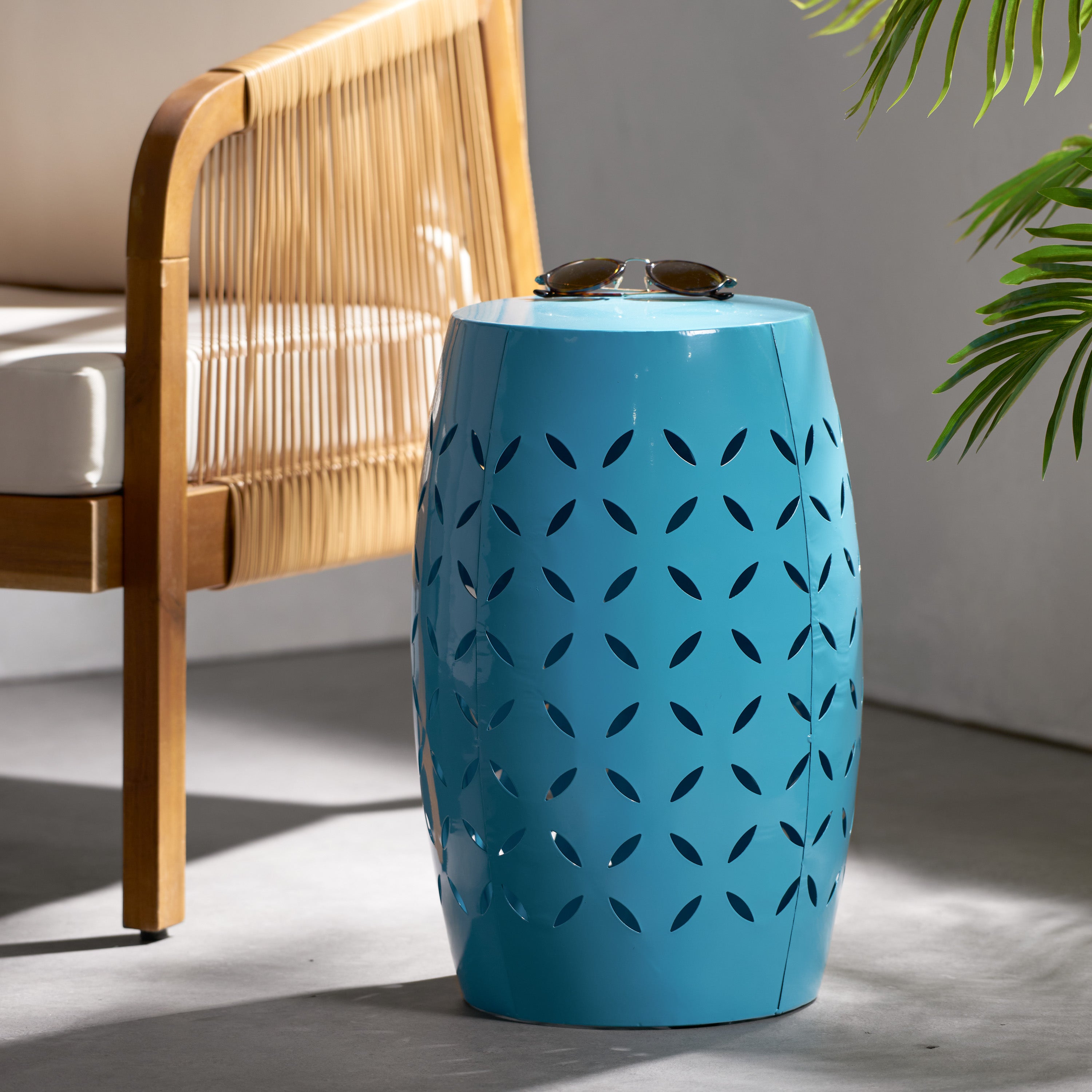 LILAC 12' Accent Side Table, Cylindrical Design End Table for Living Room, Family Room, or Entryway, Industrial Style,Coffee Side Tables for Indoor Outdoor, Blue Color