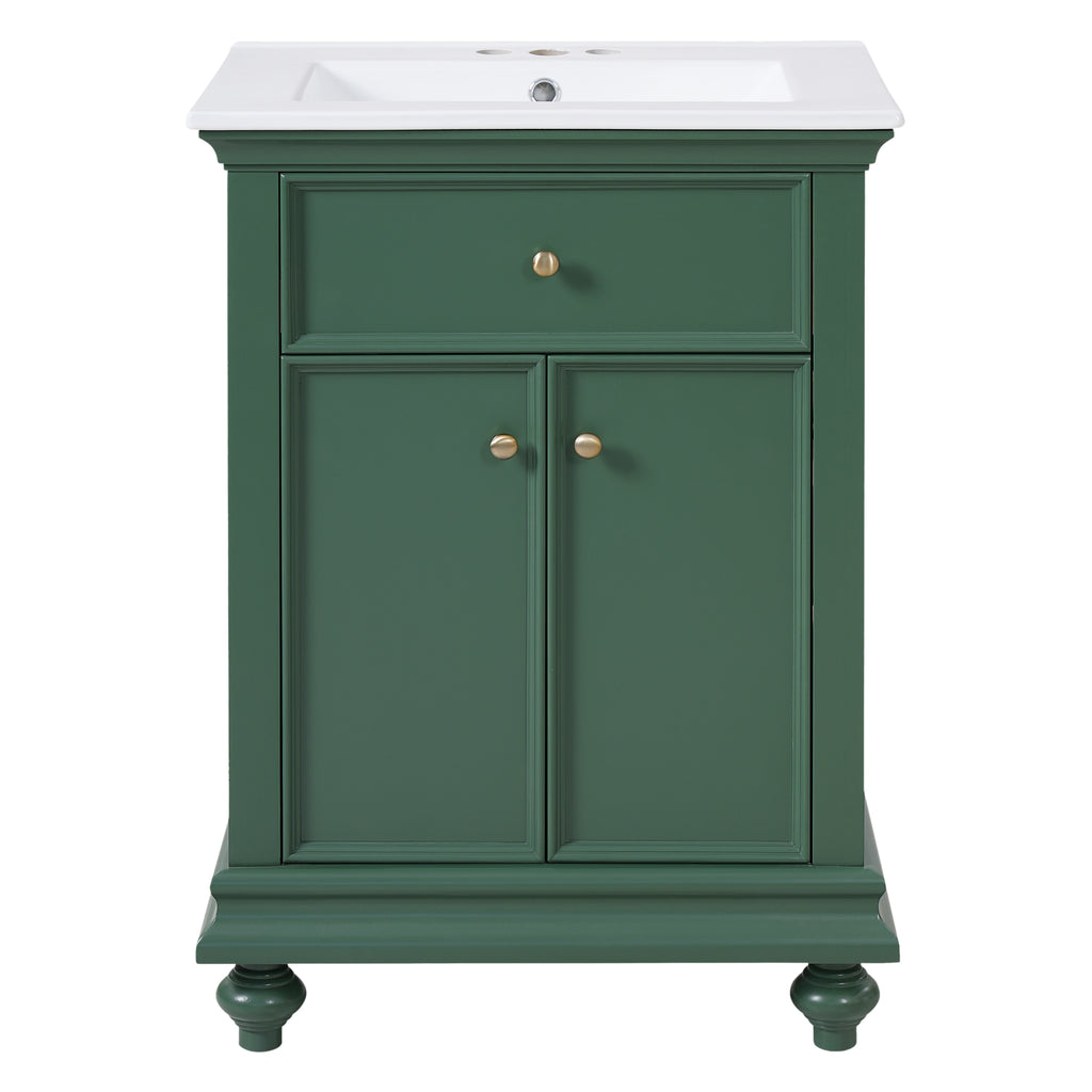 Modern Green Bathroom Vanity with Tip-Out Drawer, Soft-Close Hinges, Ball-Turned Legs, Ceramic Sink, MDF and Solid Wood Construction, 24'