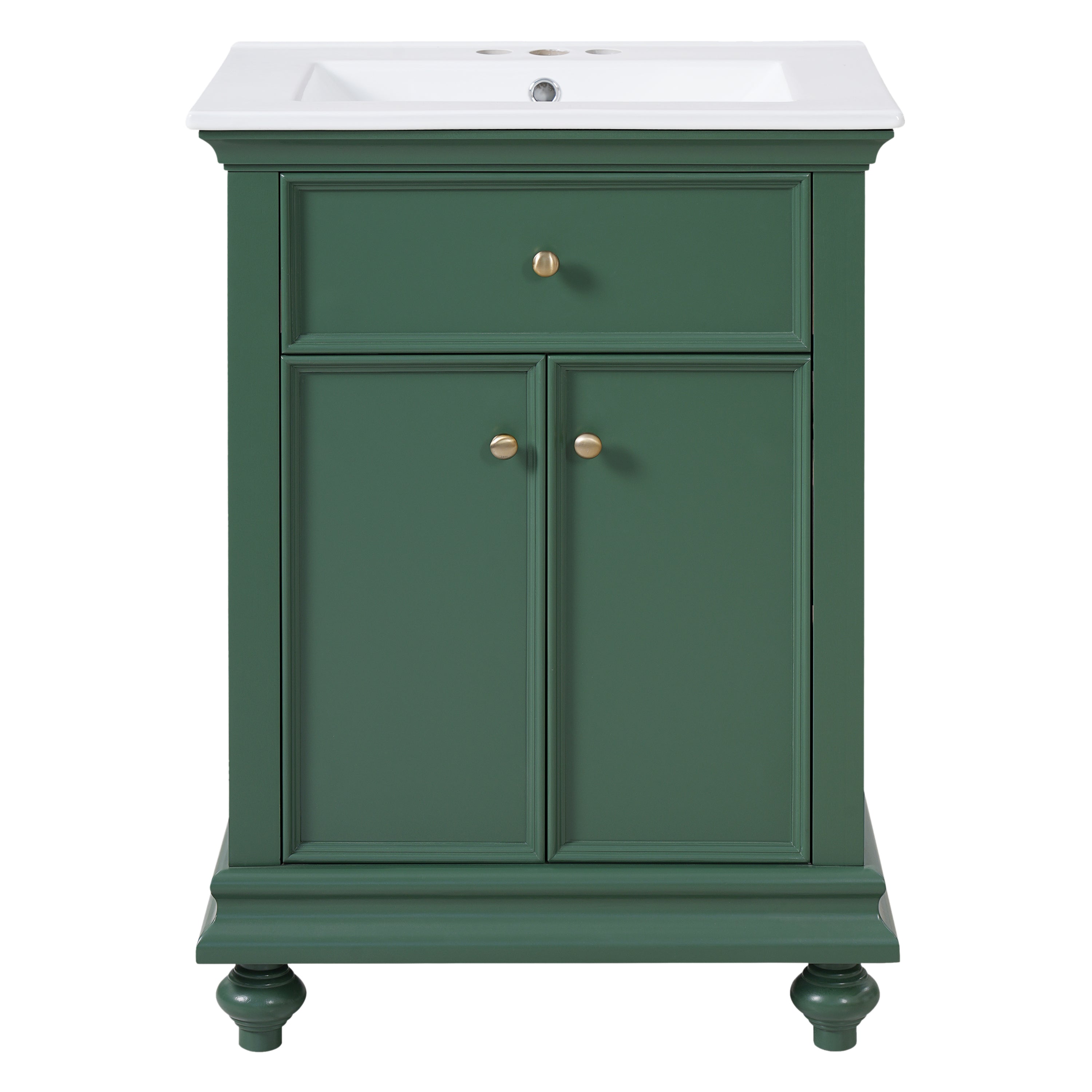 Modern Green Bathroom Vanity with Tip-Out Drawer, Soft-Close Hinges, Ball-Turned Legs, Ceramic Sink, MDF and Solid Wood Construction, 24'