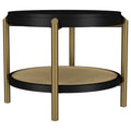 Benson Black Round End Table with Rattan Shelf - Wood and Metal Design in Black Finish