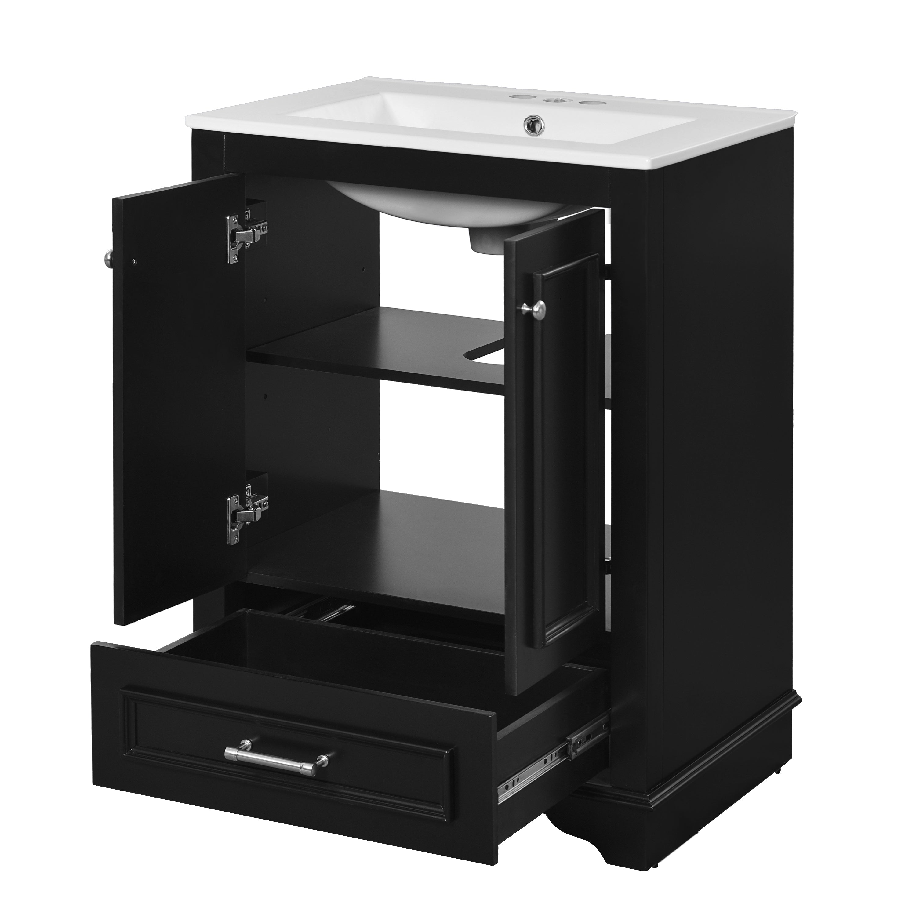 Modern 24'' Black Bathroom Vanity with Ceramic Sink, Soft-Closing Cabinet & Silver Handles, Solid Wood Frame, MDF Construction