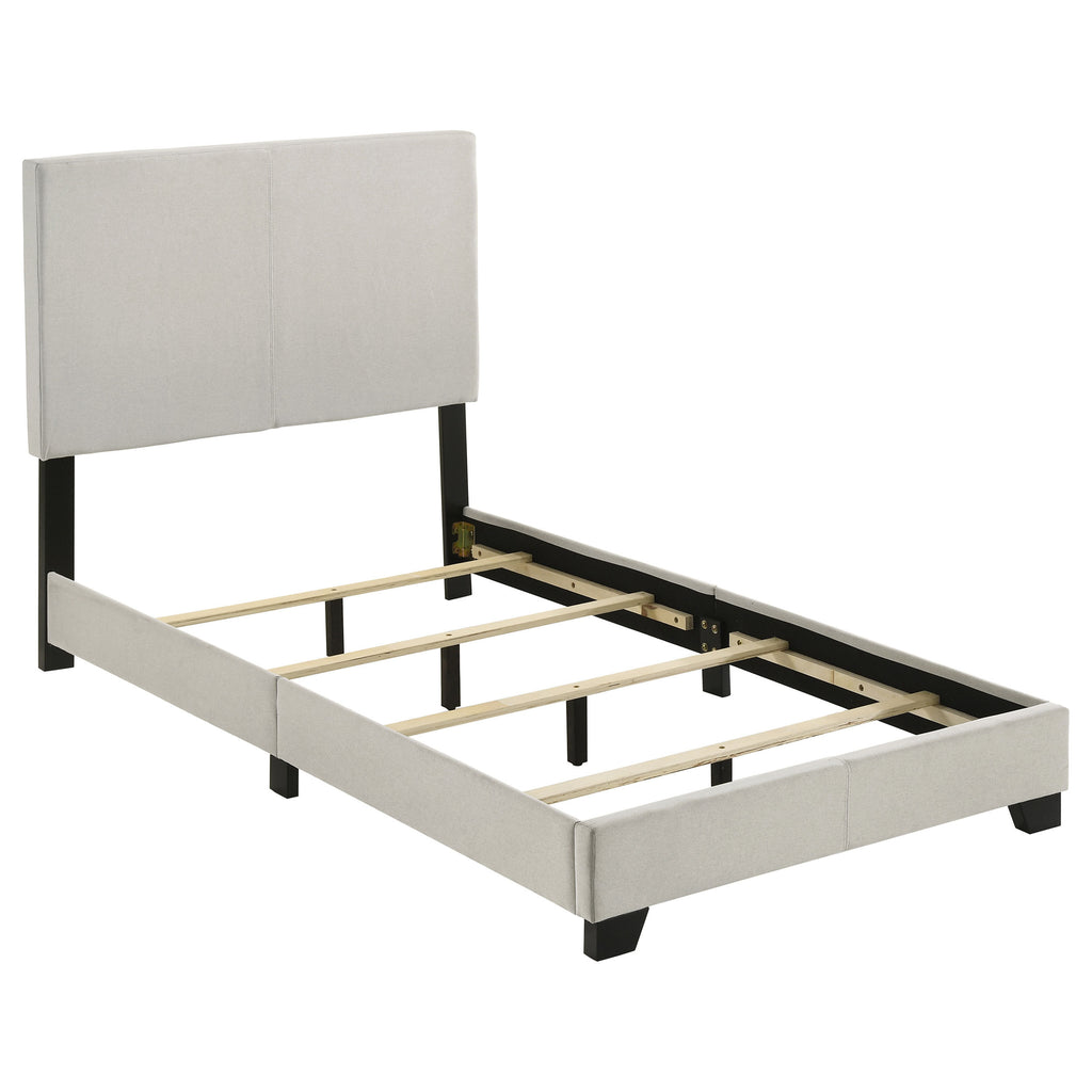 Efram Cream Upholstered Twin Panel Bed with Padded Headboard and Solid Wood Legs in Cream Fabric, Medium Density Fiberboard Frame