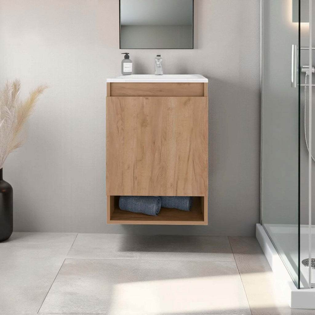 Natural Oak 2-Door Wall-Mounted Bathroom Vanity with Sink and Open Shelf