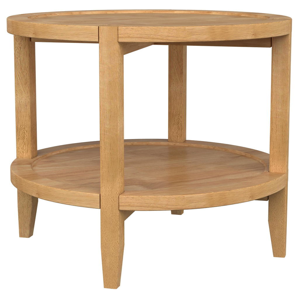 Isbell Maple Brown Round Solid Wood Side End Table with Storage Shelf in Warm Maple Finish, Crafted from Durable Asian Hardwood