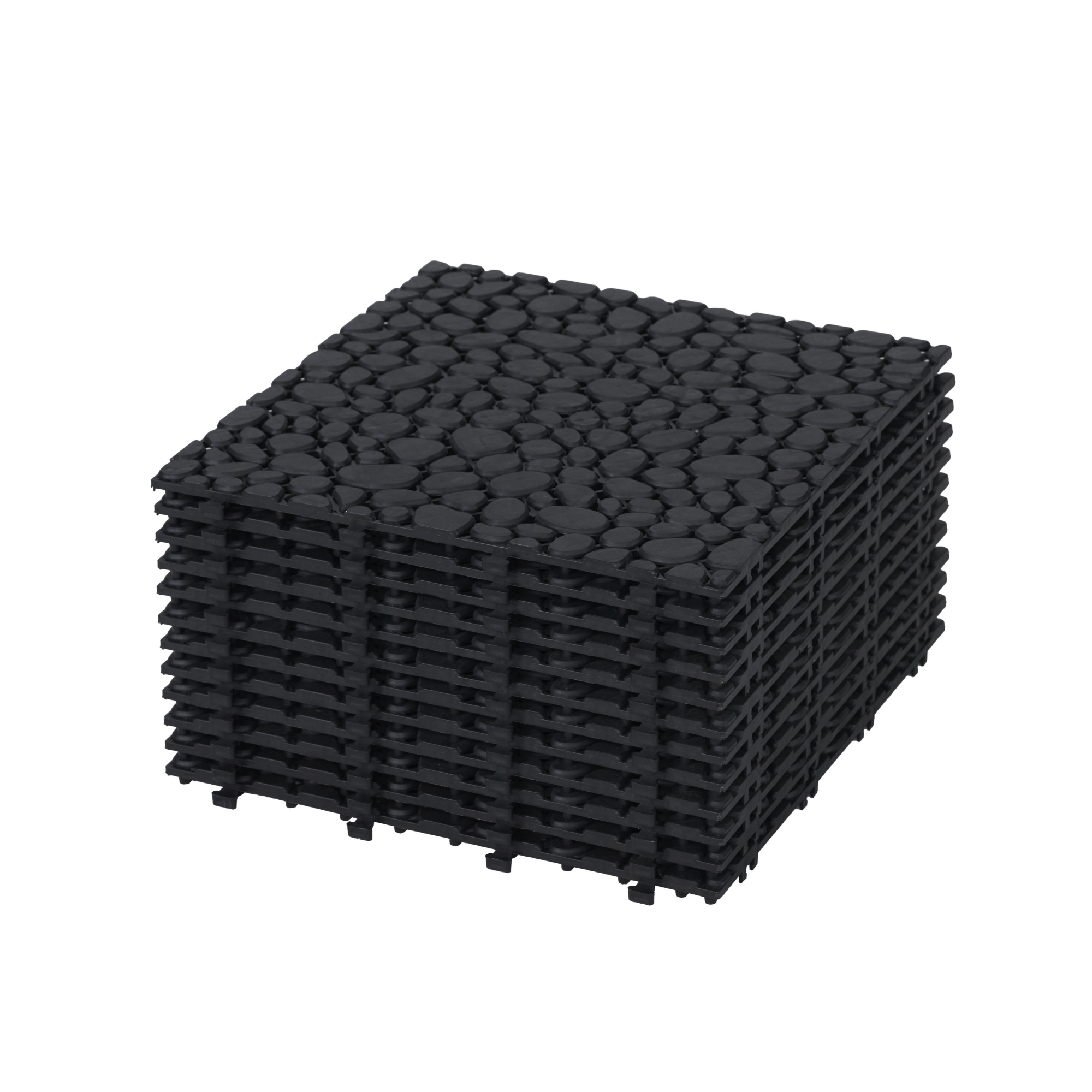 Modern Black Interlocking Deck Tiles with Anti-slip Pebble Stone Pattern, Waterproof Plastic, 12x12 Inch, Pack of 12