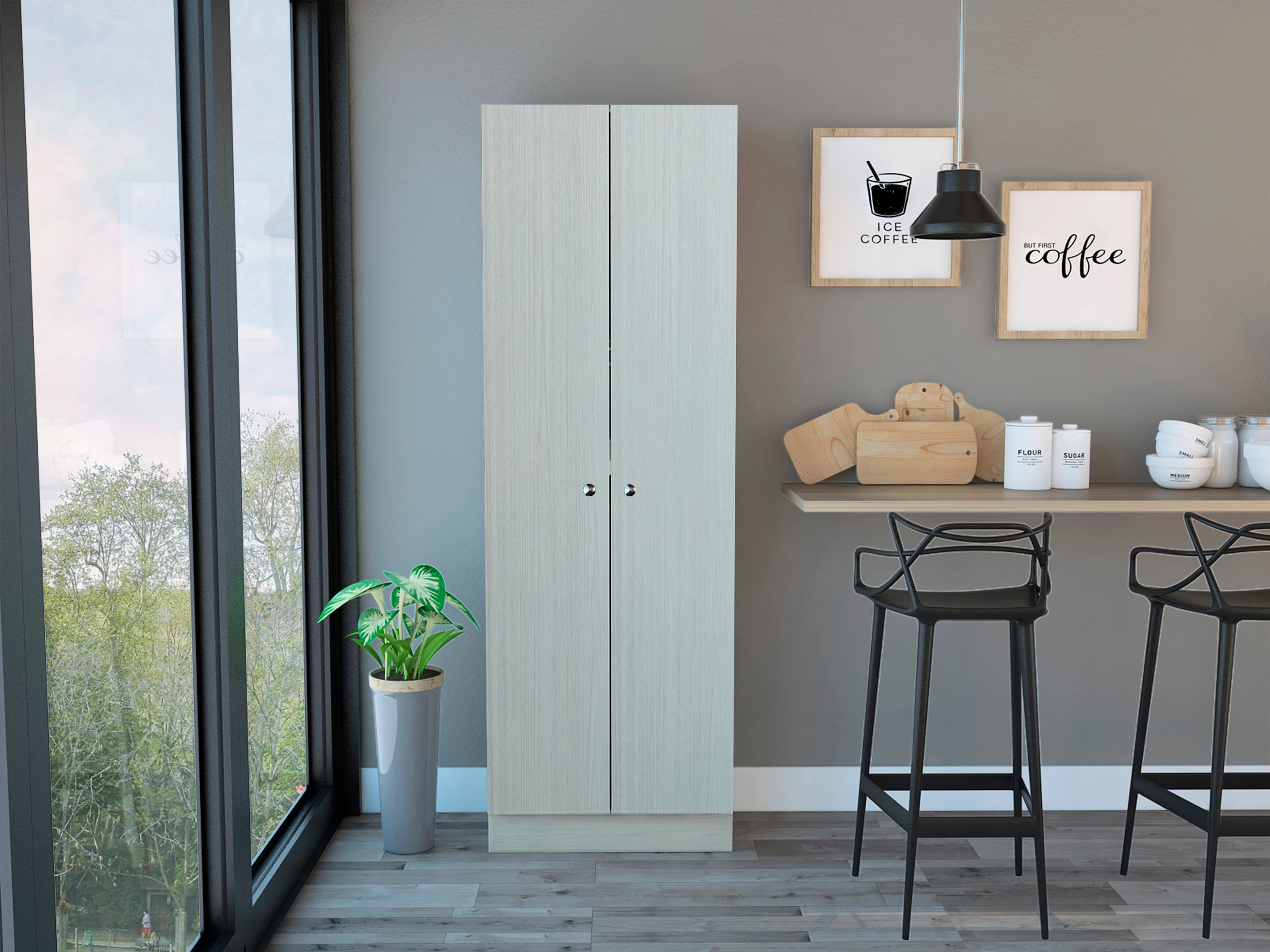 Multistorage Pantry Cabinet, Five Shelves, Double Door Cabinet -Pearl