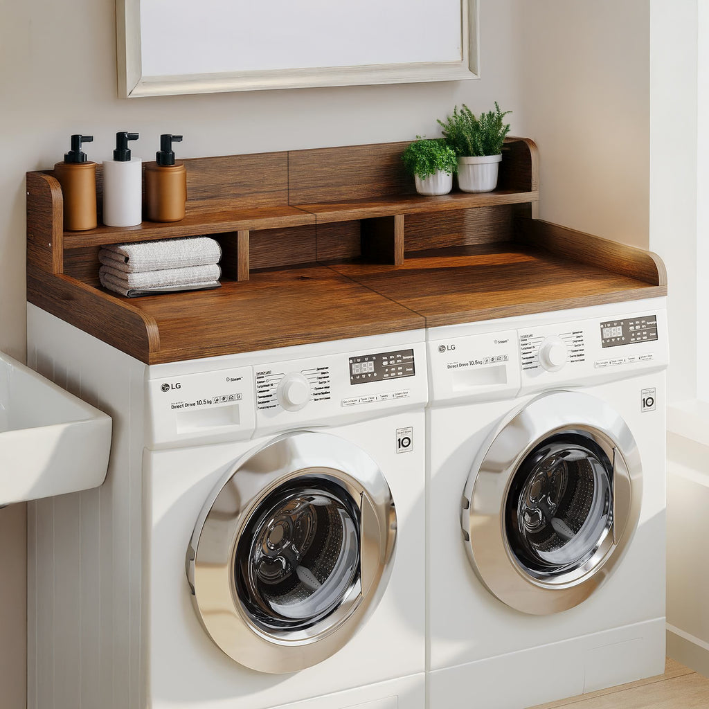 Washer Dryer Countertop with Non-slip Pads, Laundry Wood Shelf Topper with Edge, 54' Width x 27.5' Depth Double Layer Organizer for Washer and Dryer Laundry Hamper Counter Storage Organization(WALNUT)