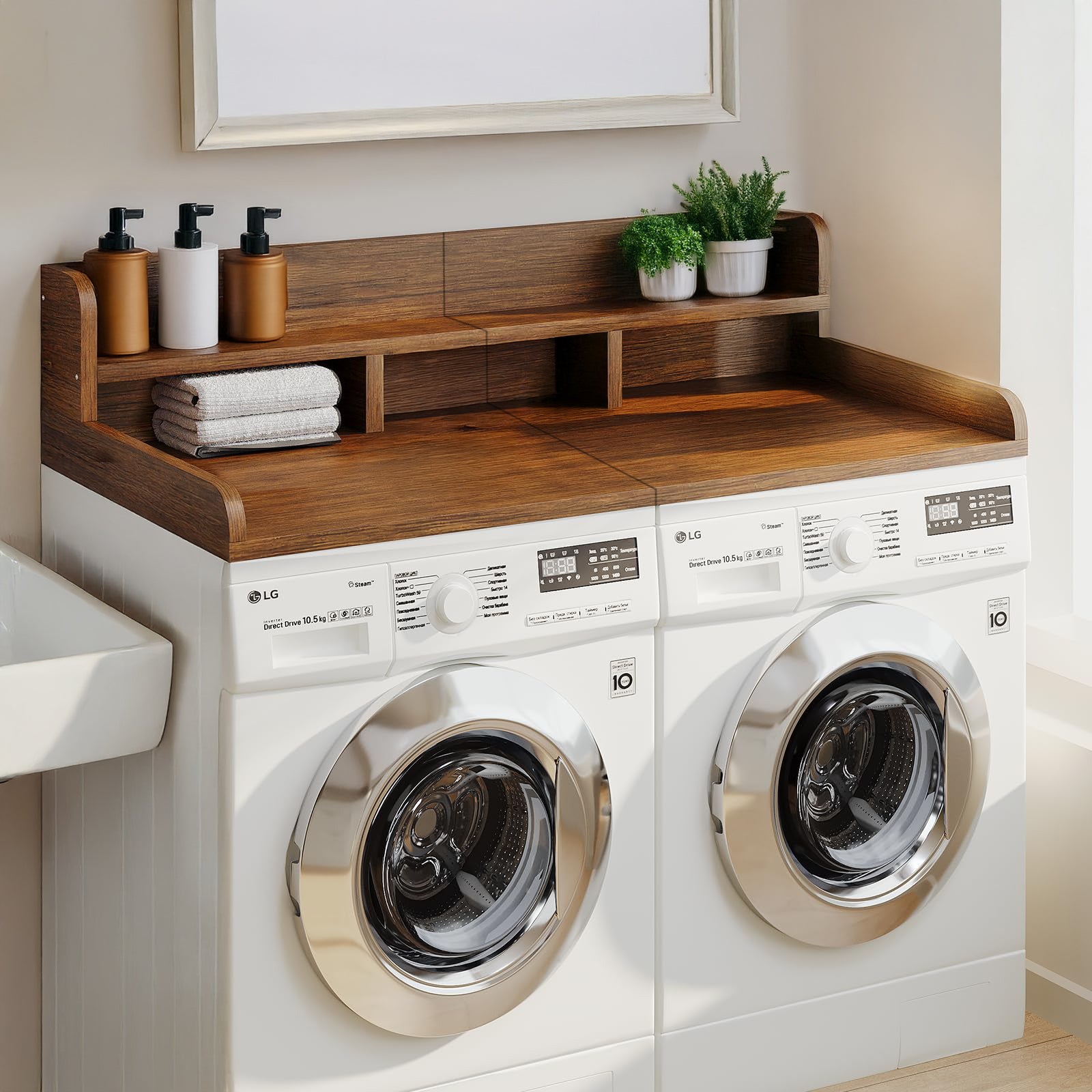 Washer Dryer Countertop with Non-slip Pads, Laundry Wood Shelf Topper with Edge, 54' Width x 27.5' Depth Double Layer Organizer for Washer and Dryer Laundry Hamper Counter Storage Organization(WALNUT)