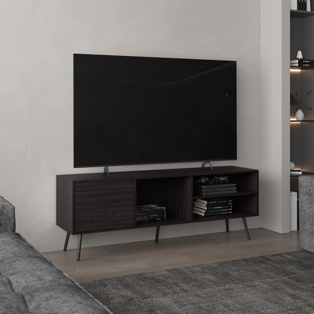 Vulcan 63' Wide Tv Stand with One Cabinet, Three Open Shelves, Cable Management, Living Room, Tv Room Black Wengue