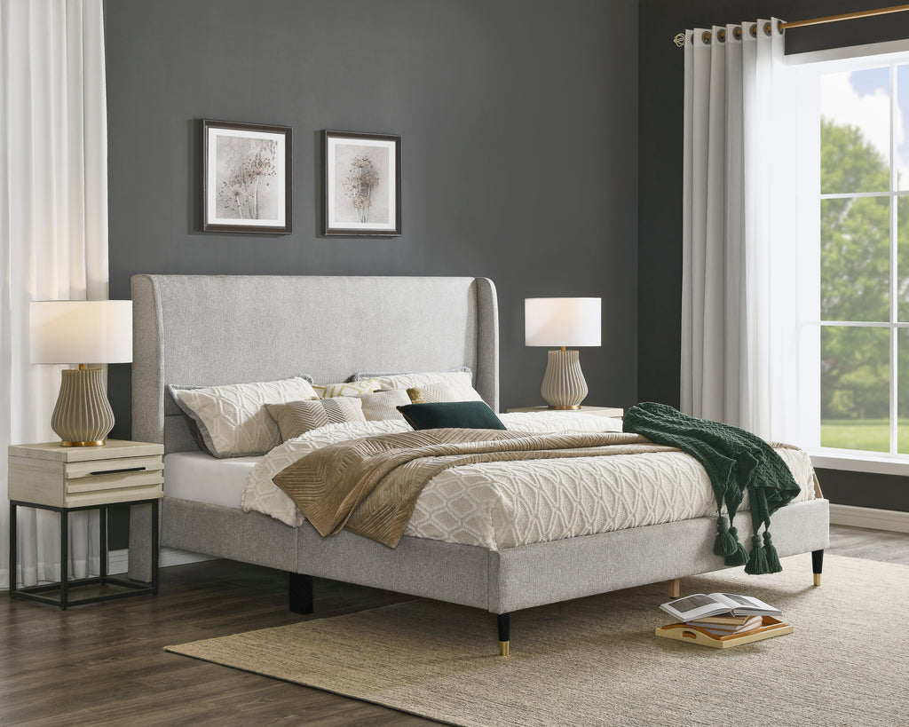 Rozitta Light Gray Fabric Wingback Platform Bed, Queen