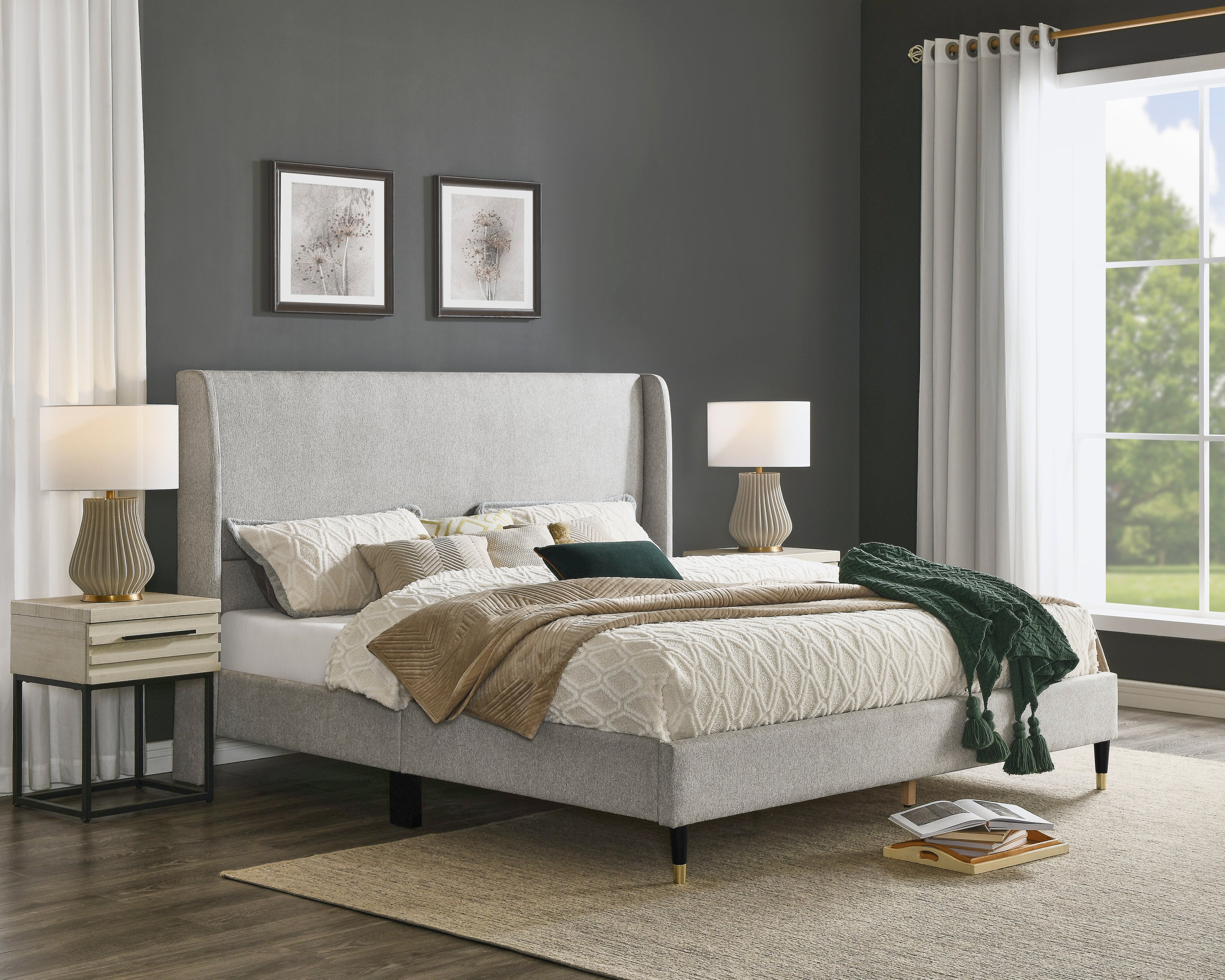 Rozitta Light Gray Fabric Wingback Platform Bed, Queen