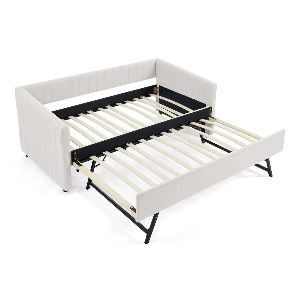 Beige Upholstered Twin Daybed with Trundle, Vertical Stripe Linen Fabric, 82.5'x43'x30'