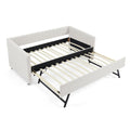 Beige Upholstered Twin Daybed with Trundle, Vertical Stripe Linen Fabric, 82.5'x43'x30'