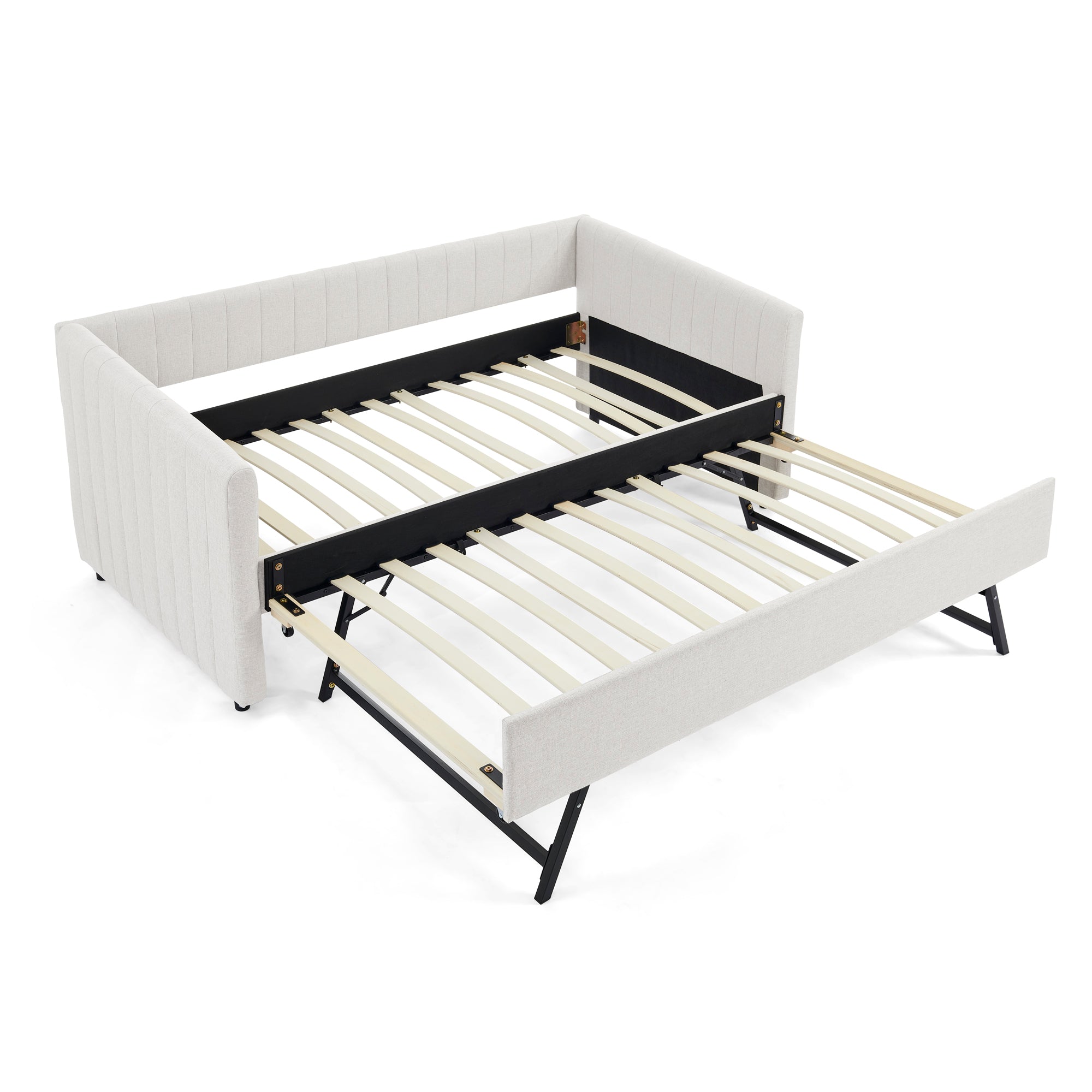 Beige Upholstered Twin Daybed with Trundle, Vertical Stripe Linen Fabric, 82.5'x43'x30'
