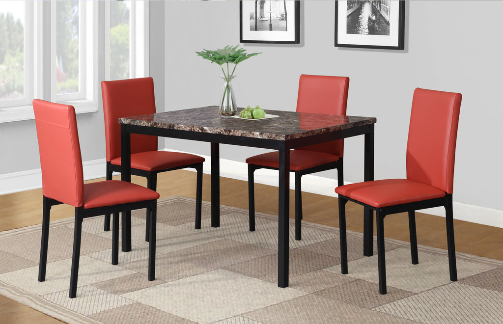 Citico 5-Piece Metal Dinette Set with Laminated Faux Marble Top, 4 Red Chairs
