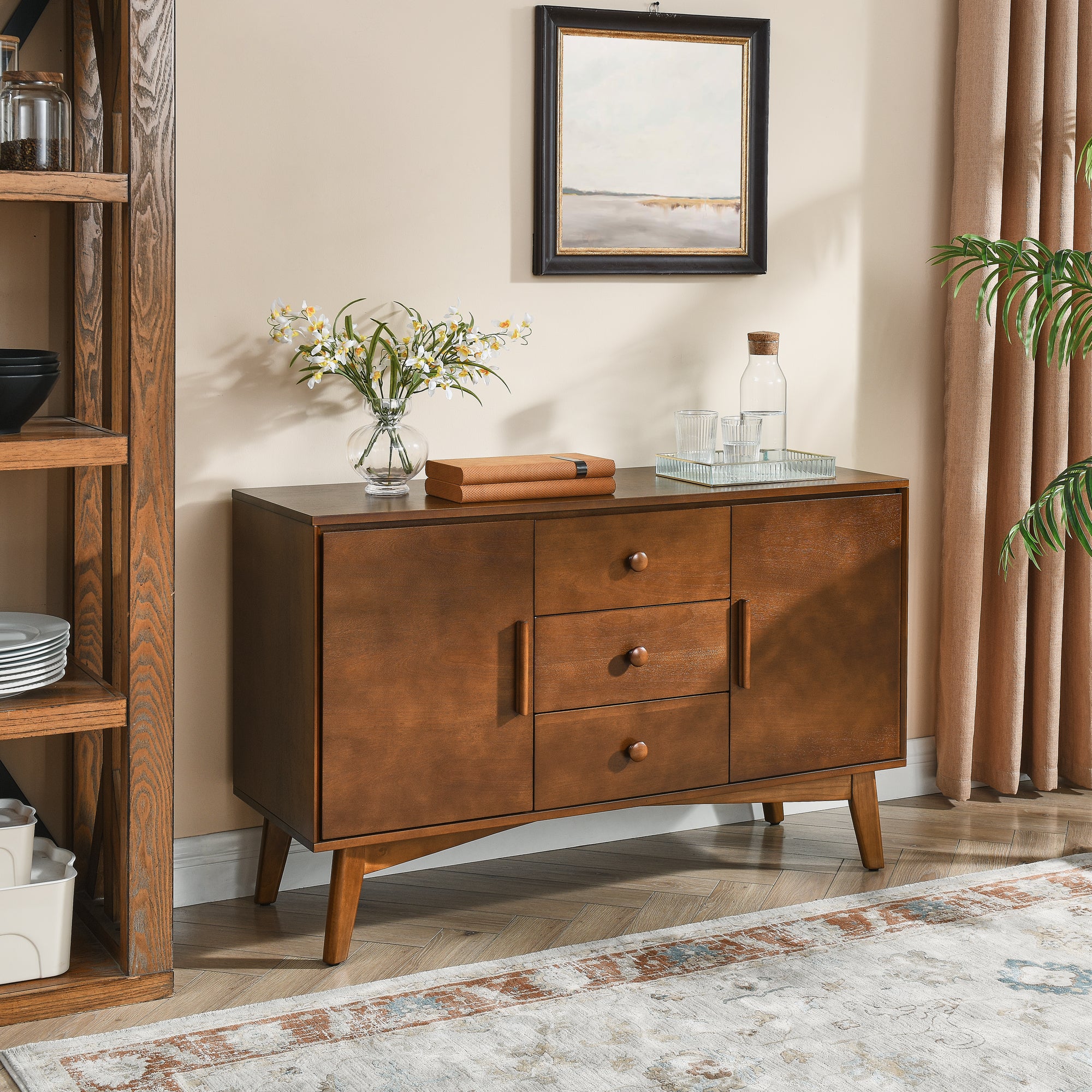 47.3' Mid Century Modern Sideboard Buffet Cabinet with Storage, Storage Cabinet with 2 Doors and 3 Drawers for Kitchen Dining Living Room, Accent Console Table, Walnut