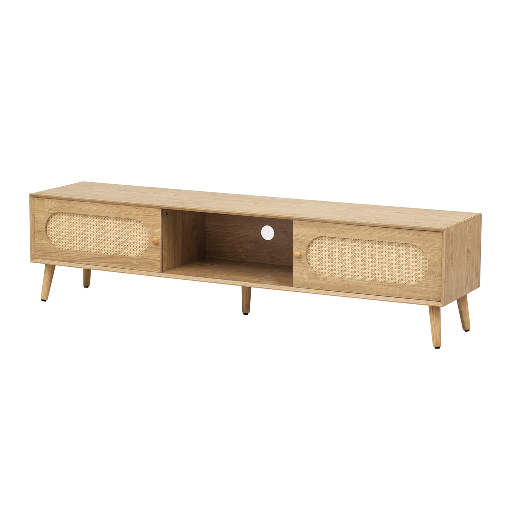 Boho TV Stand for TVs up to 80'', Modern Farmhouse Media Console with Solid Wood Legs, Natural Wood Finish, MDF Cabinet, 70.8''L x 15.7''W x 17.7''H