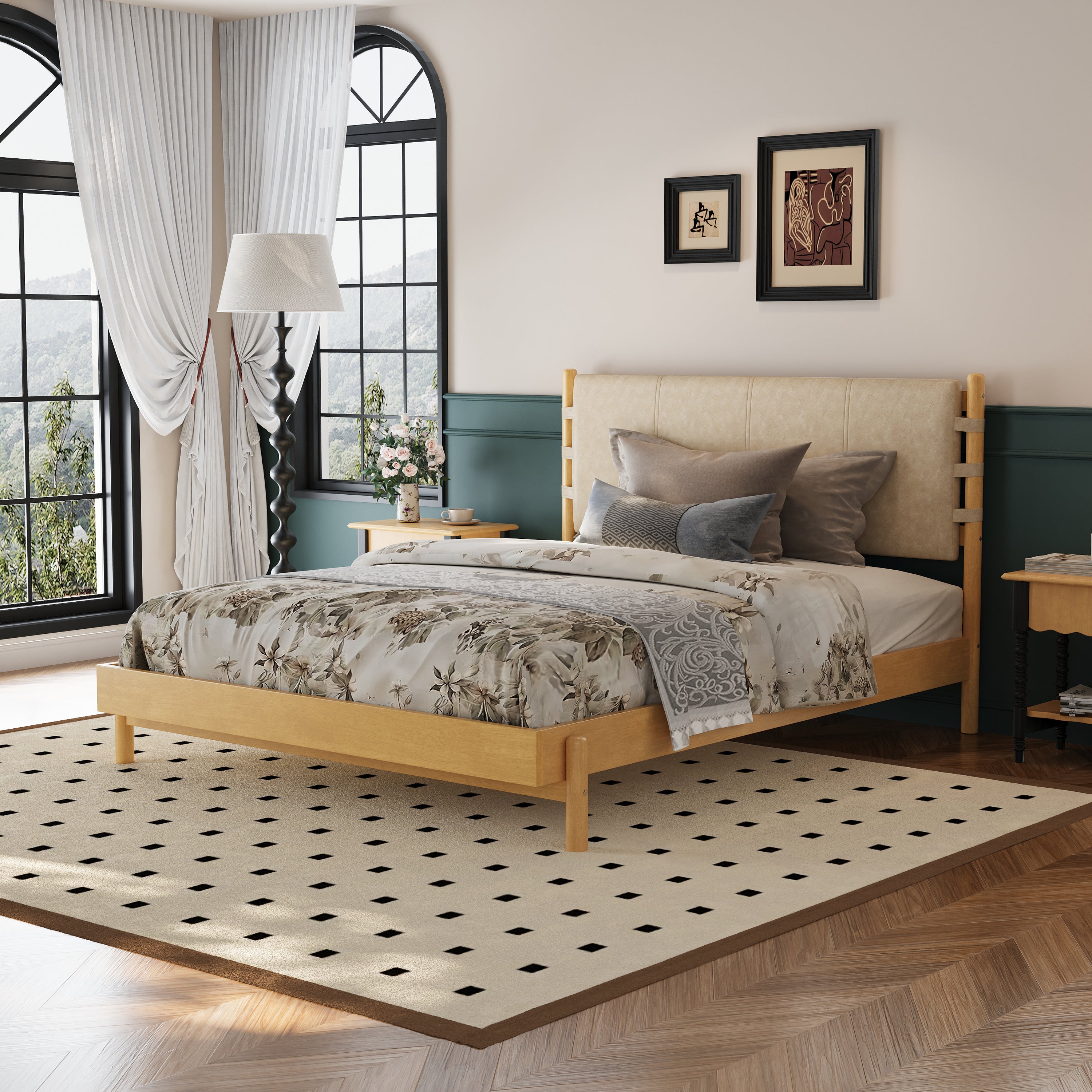 Premium Rubber Wood Platform Bed Frame, Queen Bed Frame with Headboard Included, Mid Century Modern Bed With Beige Color