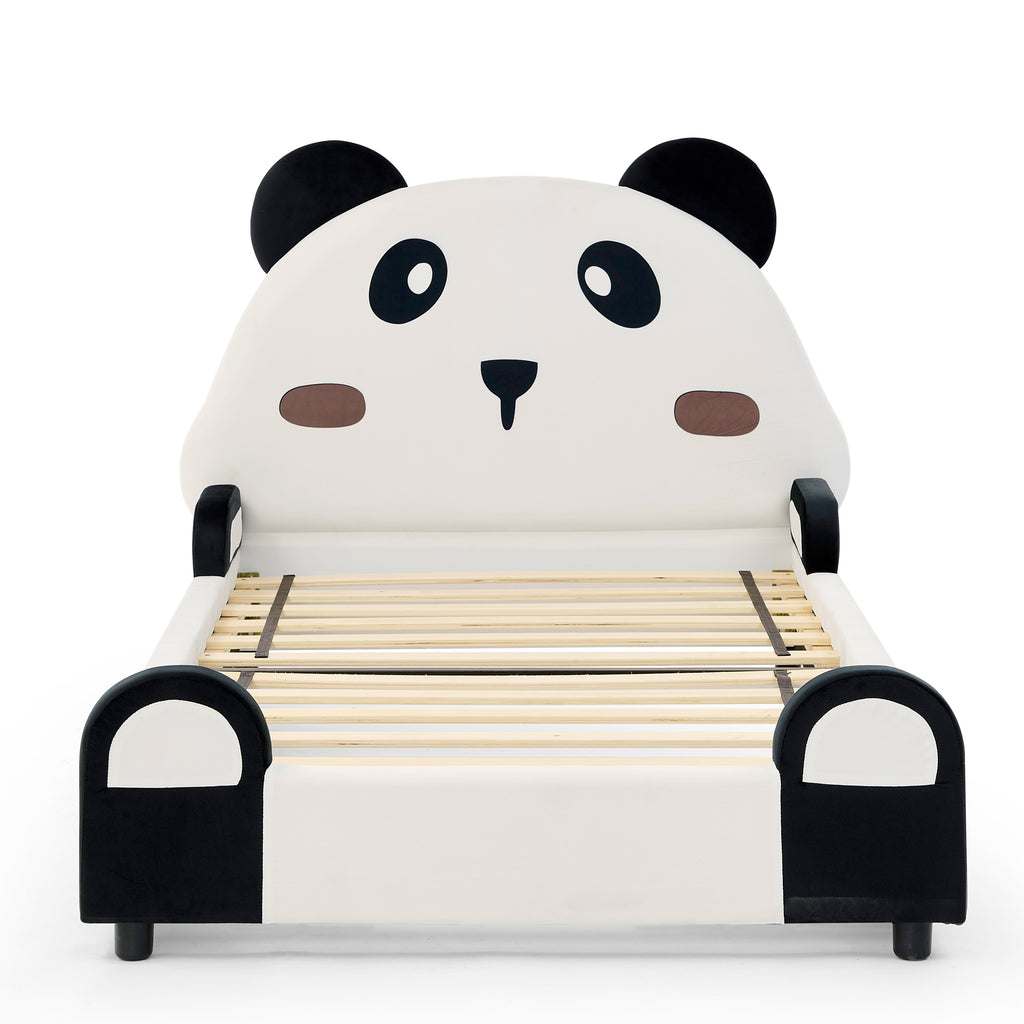 Twin Size Cute Panda-Shaped Kids Bed with Soft Padded Edges, Velvet Upholstered Solid Wood Frame in White and Black