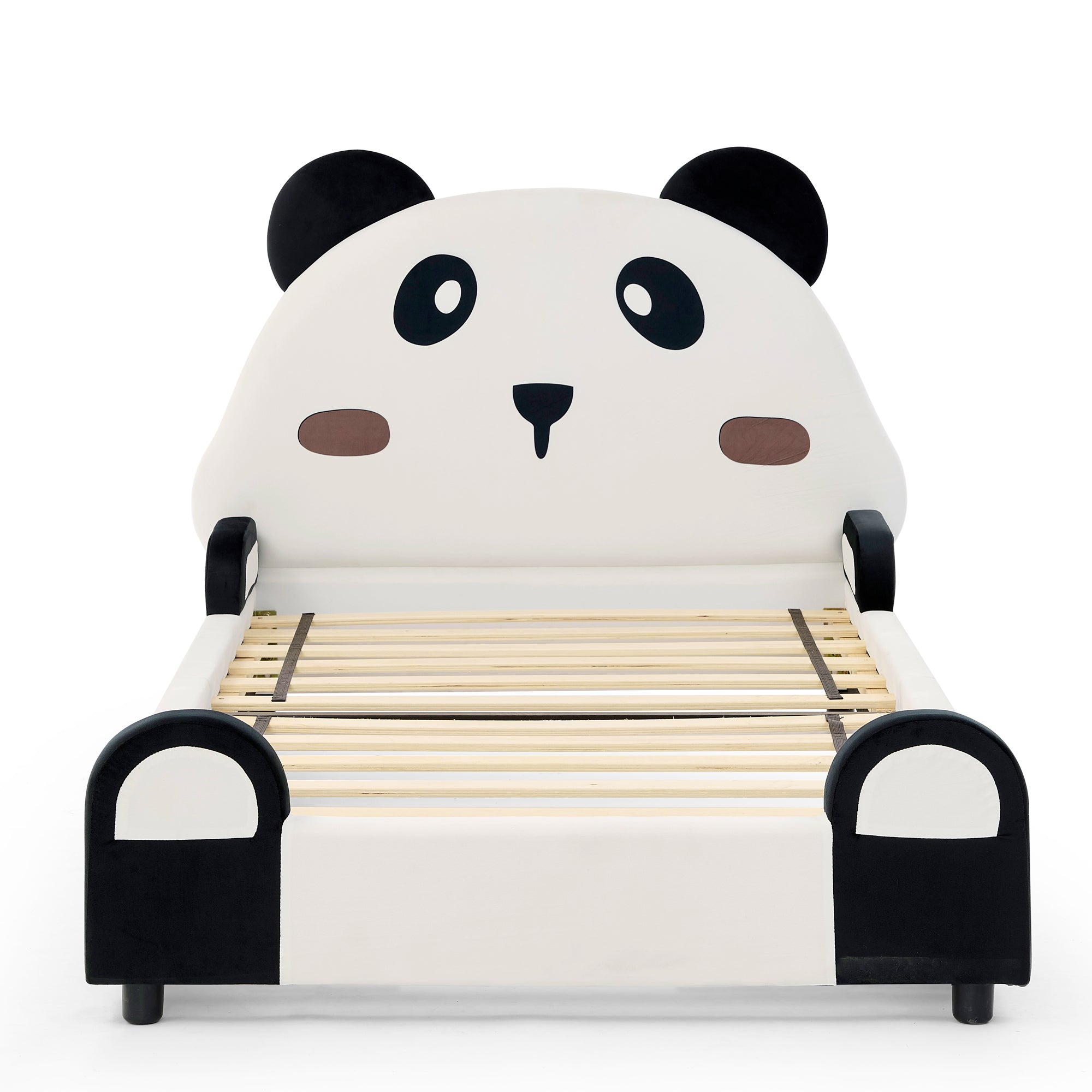 Twin Size Cute Panda-Shaped Kids Bed with Soft Padded Edges, Velvet Upholstered Solid Wood Frame in White and Black