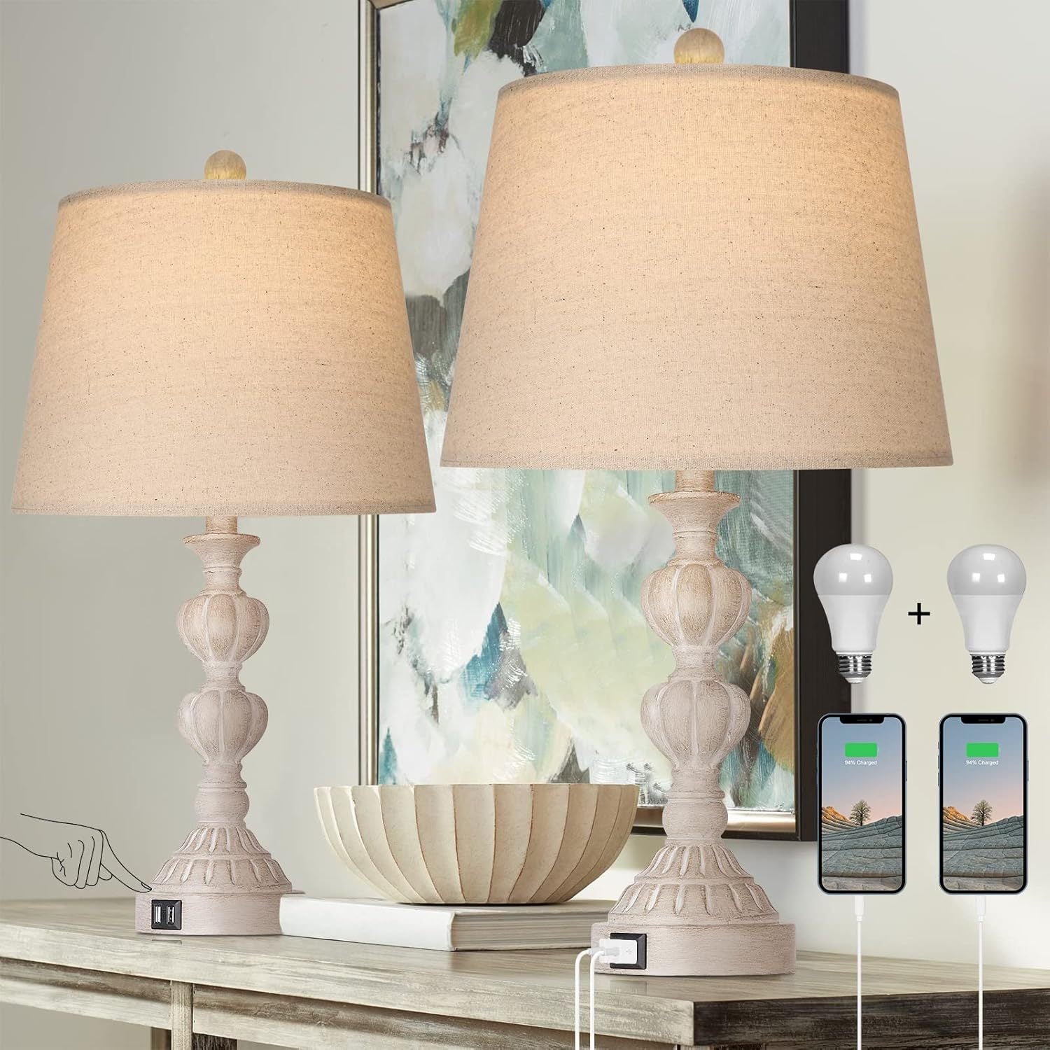 Touch Control Coastal Farmhouse Table Lamp Set of 2, 3-Way Dimmable Bedside Lamp with 2 USB Charging Ports, French Country Style Nightstand Lamp for Living Room, Bedroom - Washed White