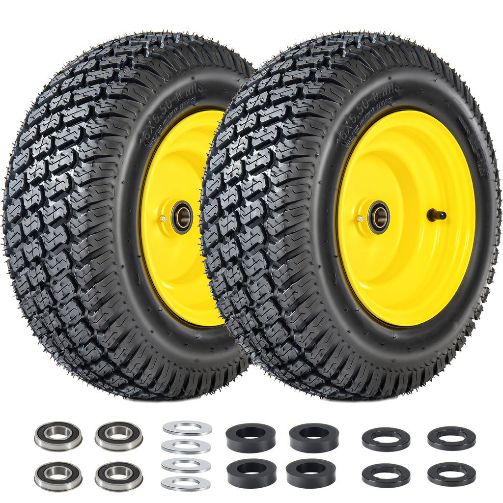 Set of 2 16x6.50-8 Lawn Mower Tires and Wheel Assembly, 4-Ply Tubeless Turf Tread Replacement, 3' Offset Hub with 3/4' Bearings, Yellow Steel Rim for Lawn Tractors, 620 lbs Capacity
