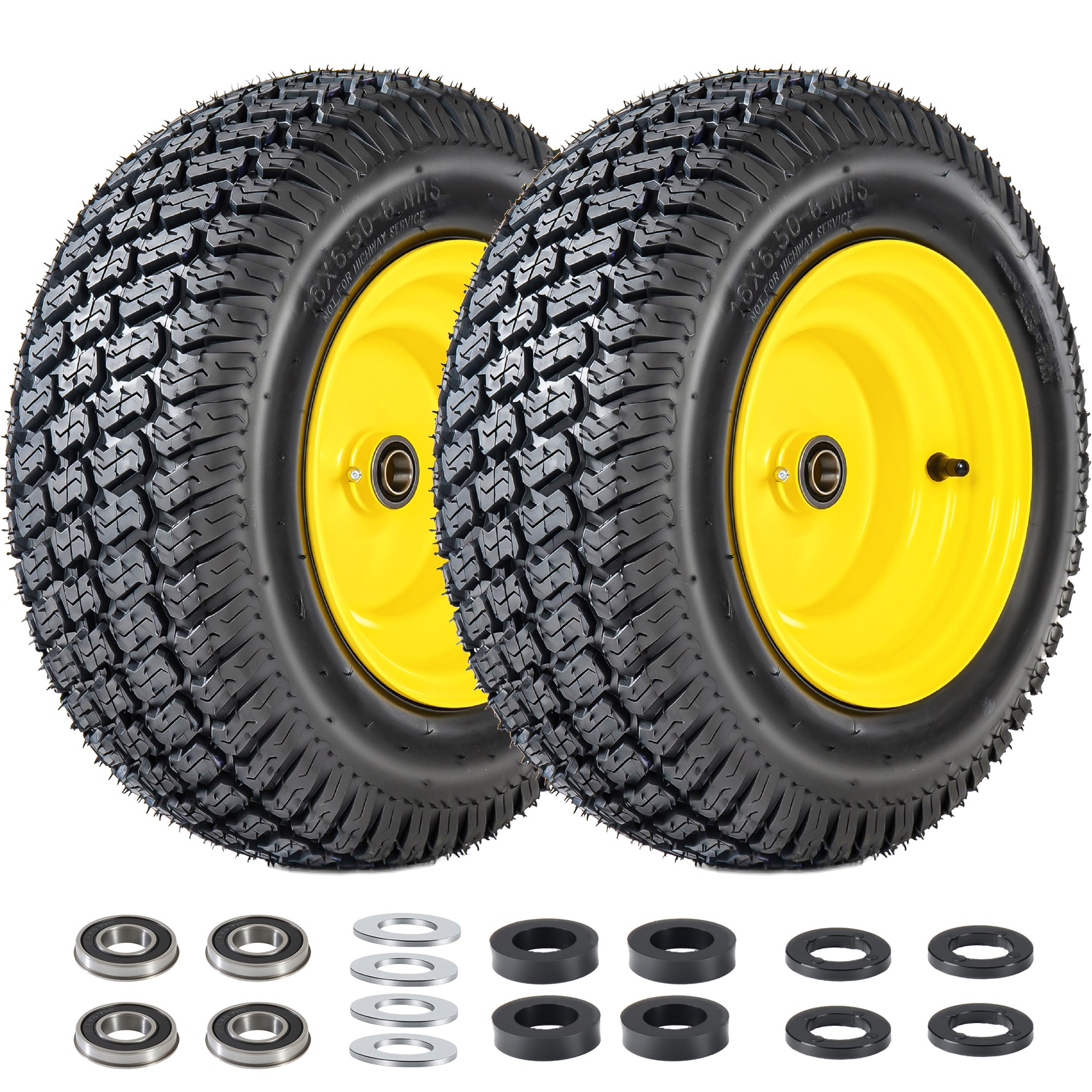 Set of 2 16x6.50-8 Lawn Mower Tires and Wheel Assembly, 4-Ply Tubeless Turf Tread Replacement, 3' Offset Hub with 3/4' Bearings, Yellow Steel Rim for Lawn Tractors, 620 lbs Capacity