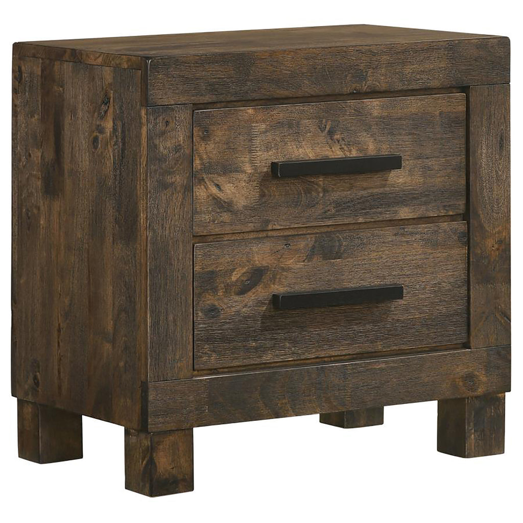 Rustic Golden Brown 2-Drawer Nightstand with Matte Wire-Brushed Finish, Wooden Handles, and Black Hardware in Asian Hardwood and Tropical Wood