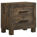 Rustic Golden Brown 2-Drawer Nightstand with Matte Wire-Brushed Finish, Wooden Handles, and Black Hardware in Asian Hardwood and Tropical Wood