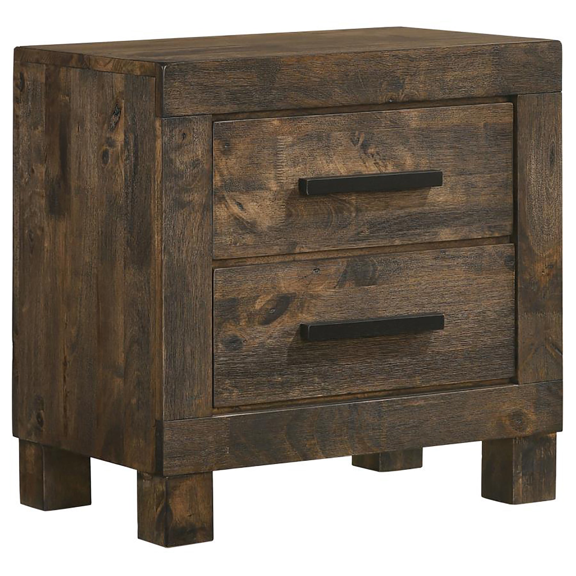 Rustic Golden Brown 2-Drawer Nightstand with Matte Wire-Brushed Finish, Wooden Handles, and Black Hardware in Asian Hardwood and Tropical Wood