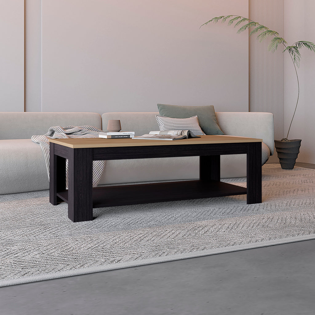 Cecil Coffee Table with Open Storage Shelf for Decor, Modern Design for Living Room or Lounge Area, Natural Oak