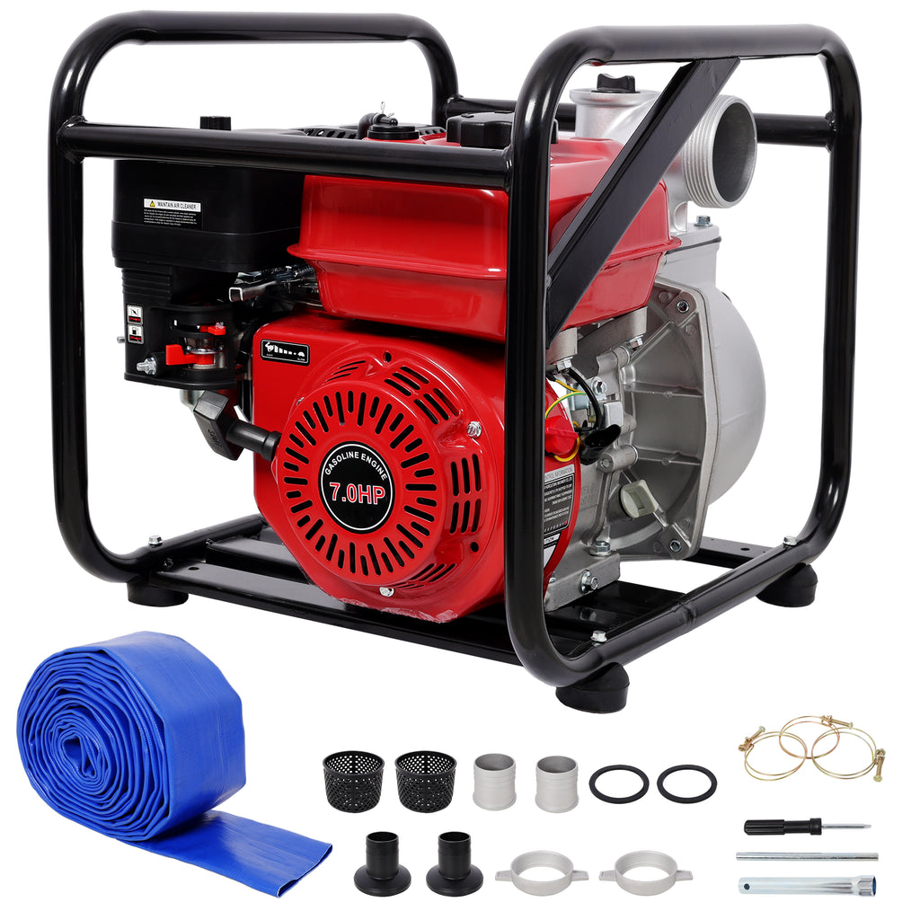 Gas Engine Powered Water Pump 3' inlet&outlet,  Flow:264Gpm , 7HP Engine 212CC, EPA Certificated,  3in NPT Connector, with 25FT Flat Hose outlet