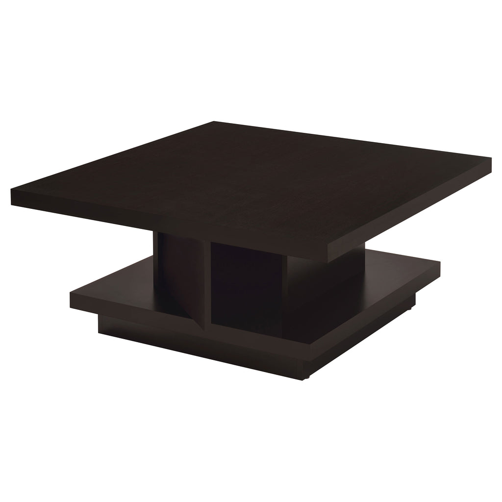 Cappuccino Square Coffee Table with Geometric Design and Storage Shelf, Wood Finish, 35.5 x 35.5 x 16.25 inches