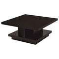 Cappuccino Square Coffee Table with Geometric Design and Storage Shelf, Wood Finish, 35.5 x 35.5 x 16.25 inches