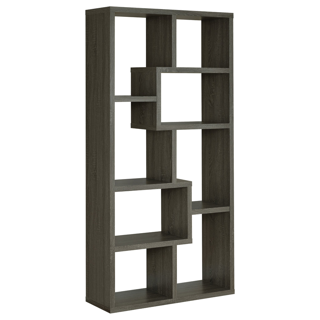 Weathered Grey 8-Shelf Bookcase with Modern Geometric Design, Grey Wood Finish, MDF and PB Board Construction, 70.75H x 35W x 11.75D
