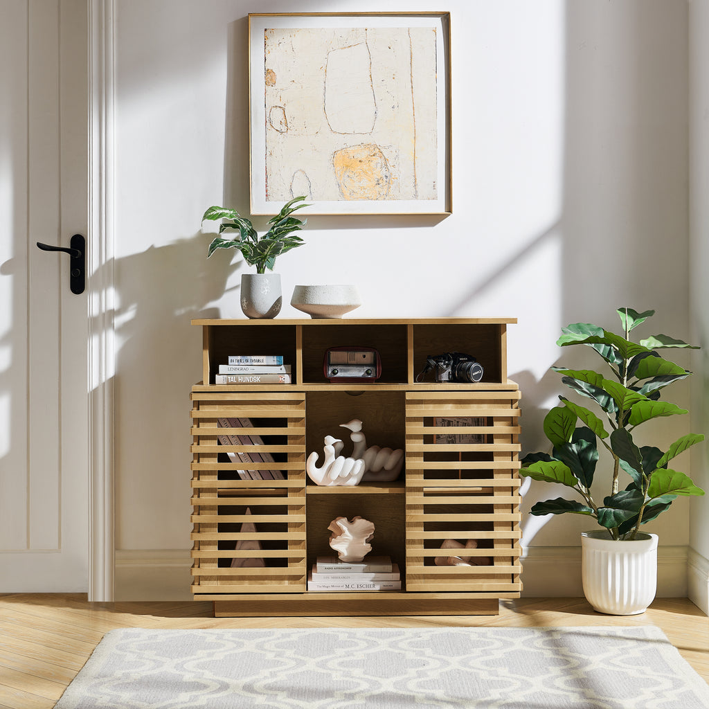 36.1' Sideboard Buffet Cabinet with Storage, Farmhouse Lattice Sideboard with Sliding Doors & Adjustable Shelf, TV Media Console, Storage Cabinet for Kitchen Living Room Entryway Hallway, Natural