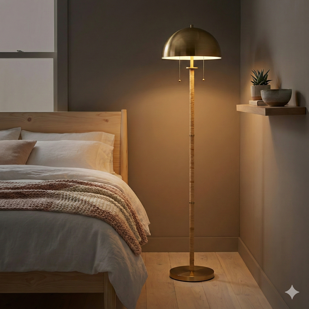 Allure 2-Light Floor Lamp, Gold Brass, Natural Rattan Details , Double On/Off Pull Chain