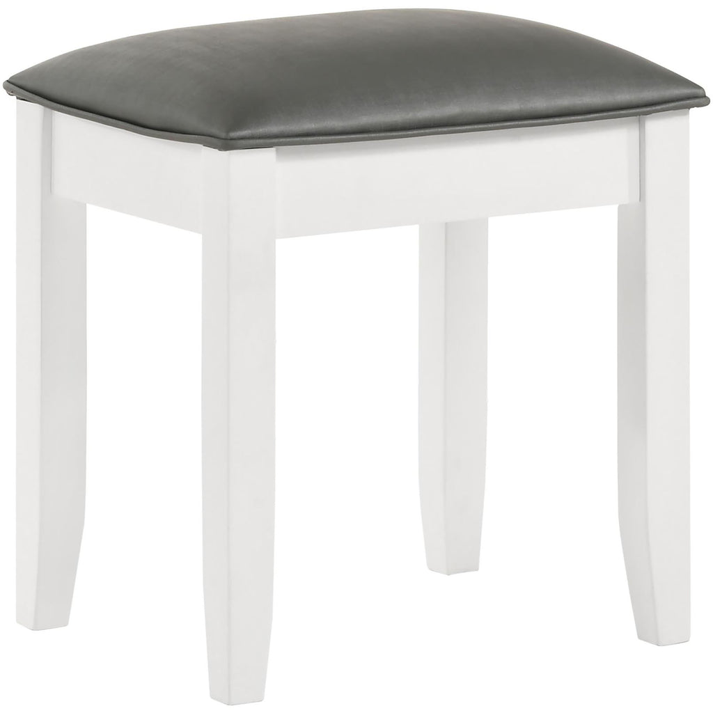 Glossy White Vanity Stool with Padded Seat in White Finish, Crafted from Wood and Upholstered for Comfort